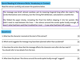 KS3 Reading & Inference – Short Extracts & Skills: Vocabulary in Context