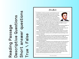 Elon Musk Biography Reading Comprehension Passage Printable Worksheet PDF