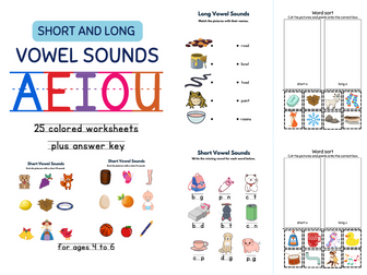 Short and Long Vowel Sounds: AEIOU Worksheets for Preschool, Kinder to First Grade