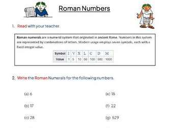 Roman Numerals Revision Worksheet for Year 7
