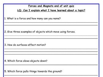 Forces and Magnets End of Topic Quiz - PowerPoint and Worksheet with answers