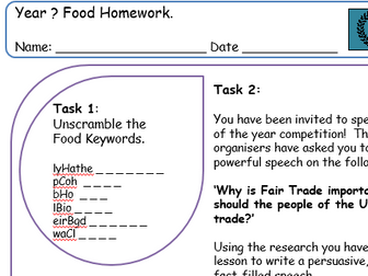 KS3 Food Homework Sheet 1