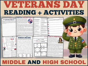 Veterans Day: Reading - Activities Puzzles with Answers for Middle & High School