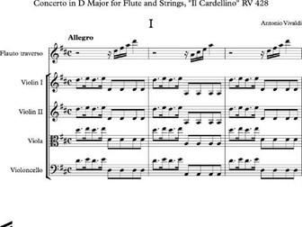 Vivaldi Concerto in D Major for Flute and Strings, Il Cardellino RV 428 complete score (Sib. file)
