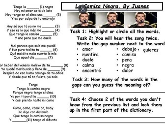 Spanish popular songs. Gap fill task and others. Camisa Negra, Limon y Sal, El Perdon