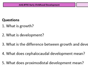 Unit 1 Learning Aim A Retrieval Quiz (20 Questions + Answers) AAQ BTEC Early Childhood Development