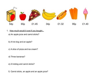 Money Tuck-Shop Worksheet