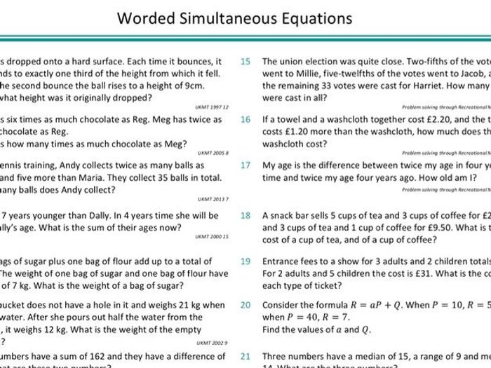 simultaneous equations word problems worksheet