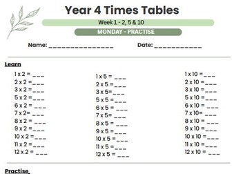 Year 4 Times Table Practise Week 1: 2, 5, 10