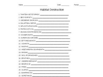 Habitat Destruction Word Scramble for a Natural Resources Course