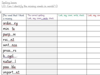 Y3/4 Statutory words spelling sheet. Find the missing vowels.