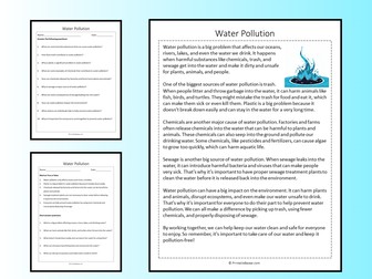 Water Pollution Reading Comprehension Passage Printable Worksheet