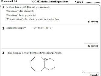 10 GCSE Maths HIGHER Homework Revision (9-1) Part 1 -Includes all ANSWERS
