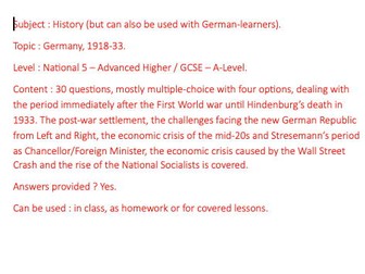 German History, Weimar Republic, 1918-33, quiz (mostly multiple-choice)