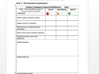 OCR Cambridge Technical level 3 business UNIT 1 STUDENT SELF ASSESSMENT/TEACHER'S FEEDBACK SHEET