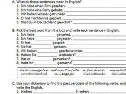 German perfect tense worksheet leading up to translation task ...