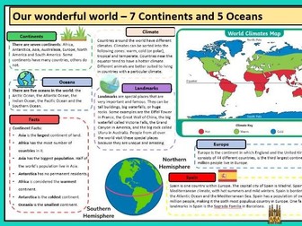 Year 2 Geography Knowledge Organiser - Our World, Continents, Oceans, Climate