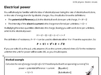 GCSE physics / combined science: Electrical power questions and answers