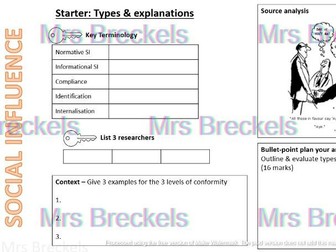 Social Influence (AQA A-level Psychology) - Recap starter/do now worksheets with answers