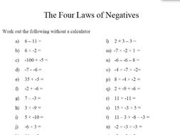 gcse maths the laws of negatives revision worksheet by gcse maths the laws of negatives revision worksheet