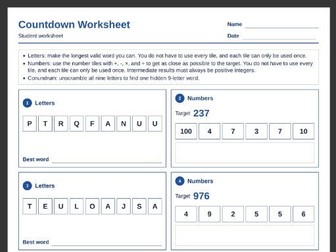 10-pack Countdown Worksheets with Answers: Letters, Numbers, Conundrums
