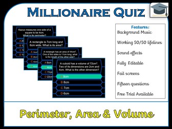 Millionaire Quiz! (Perimeter, Area and Volume)