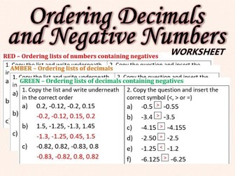 Ordering Decimals and Negative Numbers Differentiated Worksheet