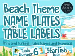 Name Plate Labels and Table Labels in Numbers and Names in Beach Theme