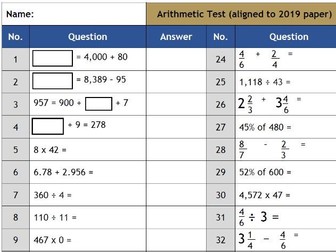 Year 6 Arithmetic Test Aligned to 2019 Paper - Test A