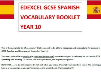 GCSE Spanish Edexcel Vocabulary Learning Year 10 Booklet inc Quizlet/QR Codes!