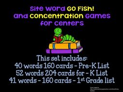Sight Word “Go Fish” and "Concentration" Pre-K, K and 1st Word Lists