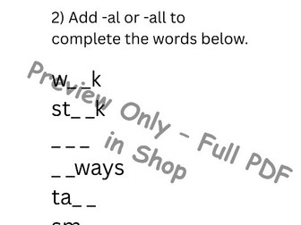 Year 2 Spelling Worksheet – Fill in the Gaps “al” and “all” Words