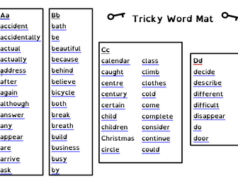 Common Exception Word Mats for Year 1, 2, 3, and 4