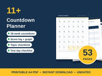 11+ Countdown Planner and Score Tracker | 36 Weeks + Topic Checklists | Year 5 Eleven Plus Prep PDF