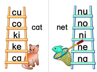 21 A4 flash cards with two-letter phonics blends 'ladders'--one consonant and one short vowel.