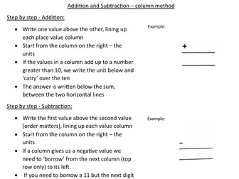 Addition and Subtraction Column Method including decimals worksheet