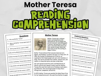 Mother Teresa Reading Comprehension for KS2 or Gr 3 - 5 | Guided Reading Task