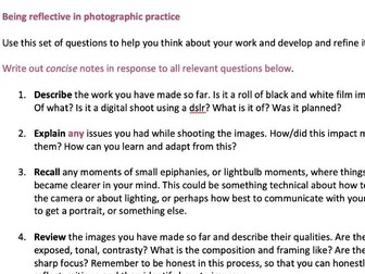 Being Reflective in Photographic Practice Worksheet.