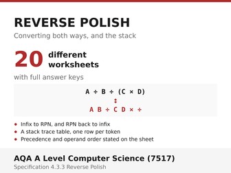 Reverse Polish Notation | AQA A Level Computer Science 7517 | 20 Worksheets + Answers