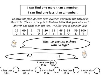 Y1 arithmetic jokes/codes/riddles worksheet set, 1 more or less