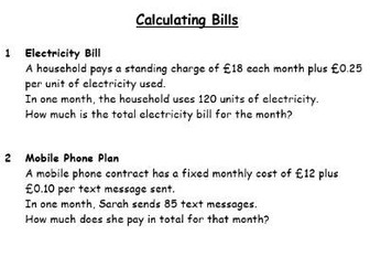 Calculating Bills worksheet