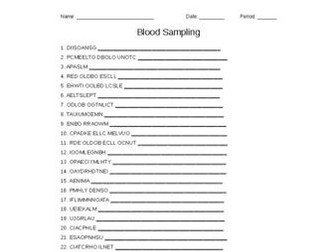 Blood Sampling Word Scramble for Vet. Science Students