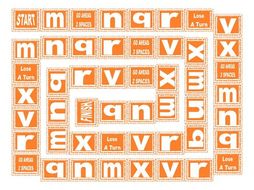 Phonics Consonant Letters m-n-q-r-v-x Text Board Game