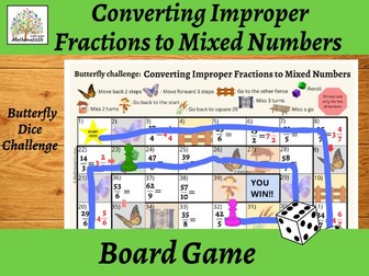 Converting Improper Fractions to Mixed Numbers Butterfly Board Dice Game
