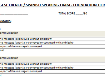 Printable mark sheet to assess the AQA Modern Languages Speaking exam Foundation Tier