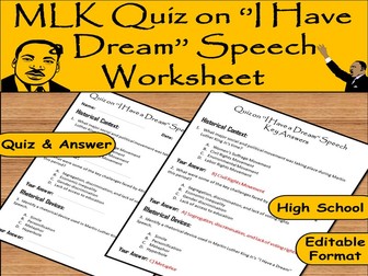 Martin Luther King Jr ‘I Have a Dream’ Speech Quiz – High School Worksheet with Answers