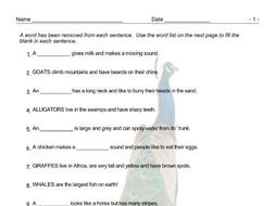Animals Missing Word Worksheet
