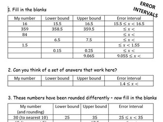 Bounds and Error Intervals for Rounding Worksheet