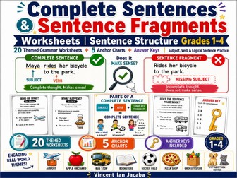 Complete Sentences & Sentence Fragments Worksheets | Sentence Structure Grades 1–4