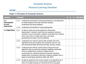 GCSE Computer Science Student Checklist (RAG RATING) Paper 1 & 2